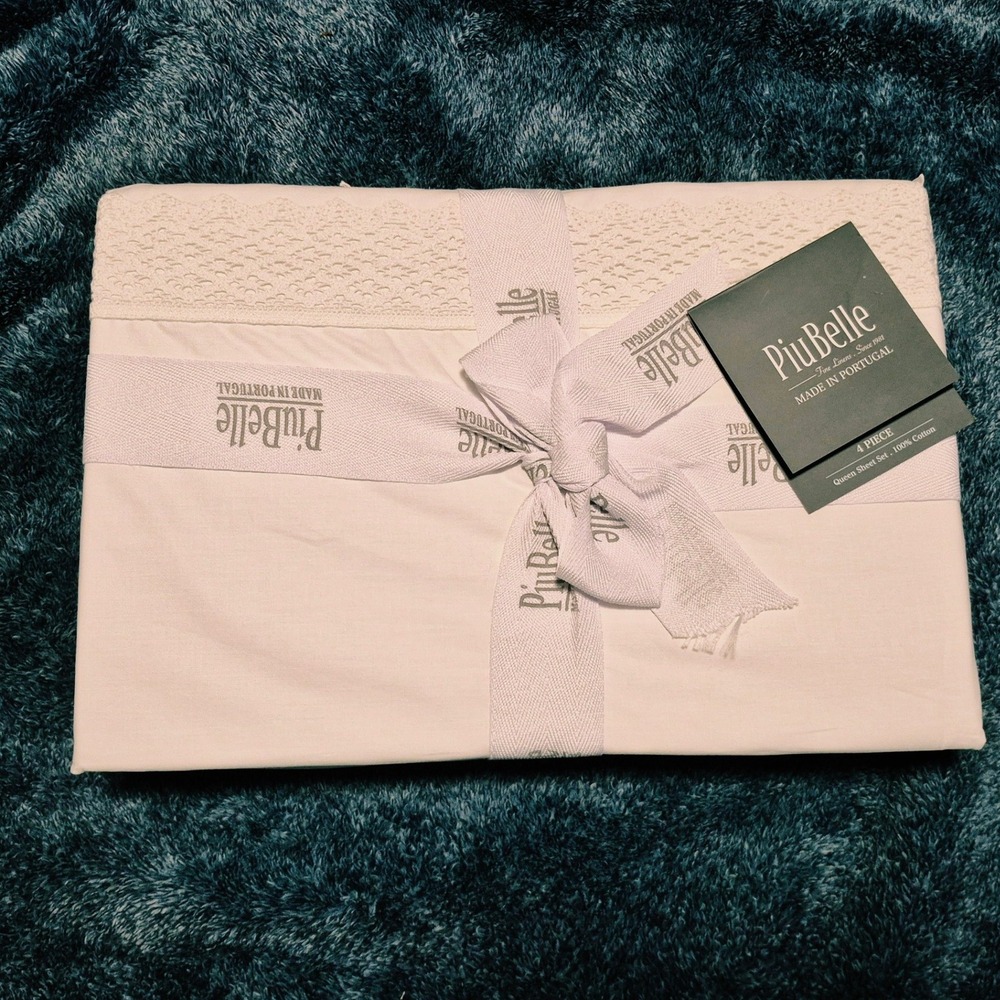 Piu Belle Queen Sheet Set 4pc 100% Cotton White Lace Trim Made in Portugal NEW